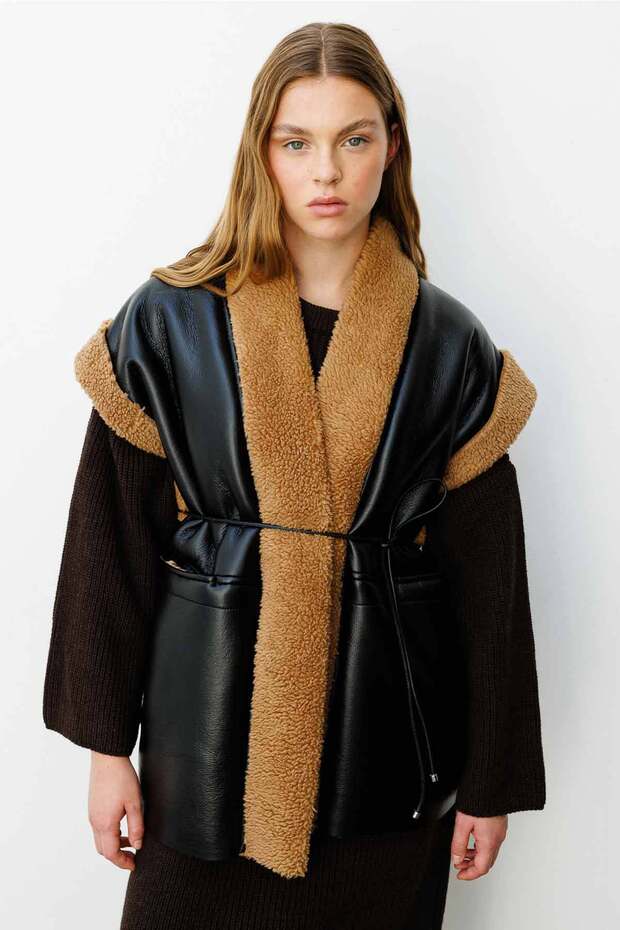 Shawl Collar Fur Leather Vest - Camel