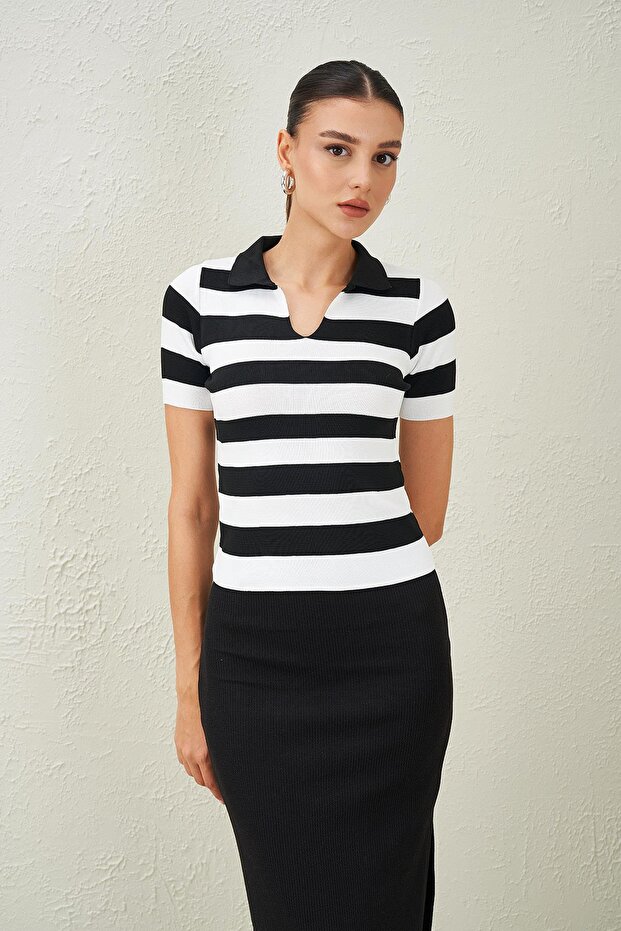 Women's Black-White Shirt Collar Short Sleeve Knitwear Blouse