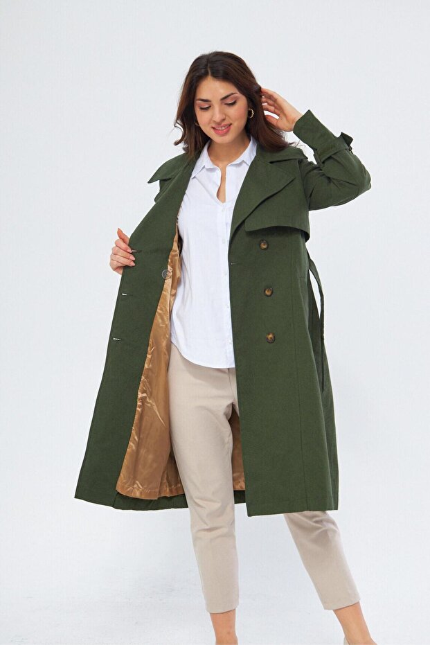 Dark Khaki 100% Cotton Gabardine Long (110cm) Lined Belted Women's Trench Coat 1111