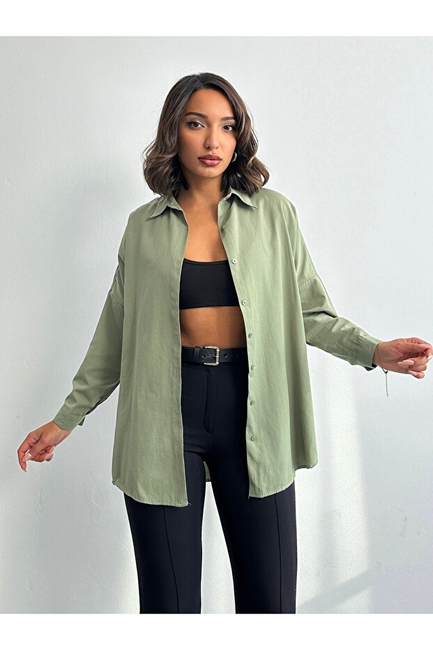 Kadın Haki Oversize Uzun Basic Gömlek - 3