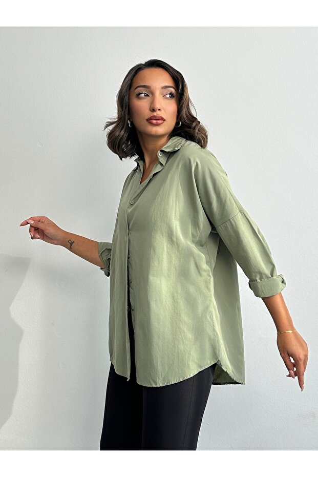 Kadın Haki Oversize Uzun Basic Gömlek - 1