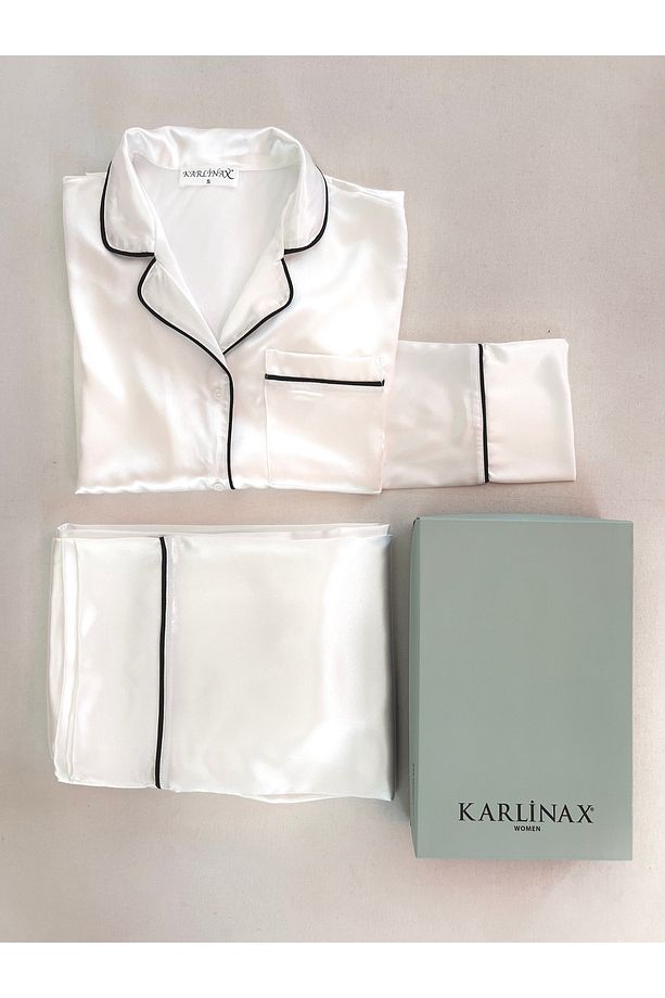 Saten Ekru Uzun Kollu Pijama Takımı - 2