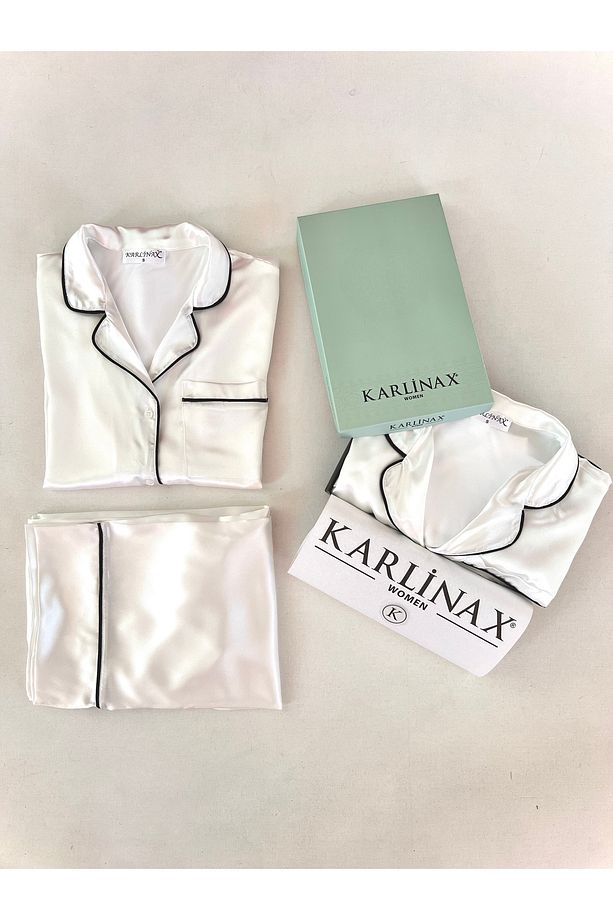 Saten Ekru Uzun Kollu Pijama Takımı - 1
