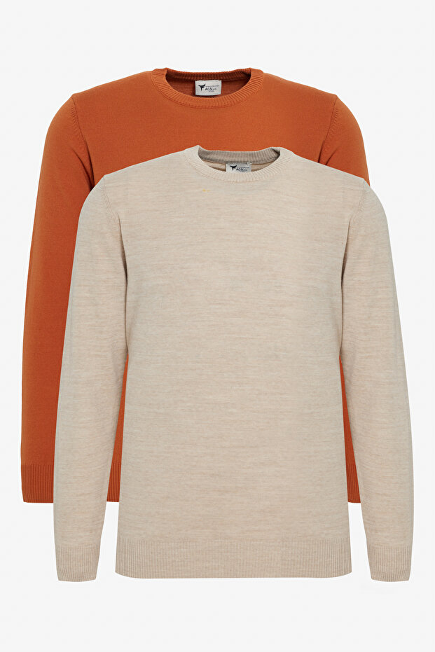 Erkek Bej-Kiremit 2'li Paket Sıcak Tutan Standart Fit Normal Kesim Bisiklet Yaka Triko Kazak - 1