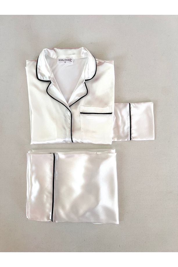 Saten Ekru Uzun Kollu Pijama Takımı - 3
