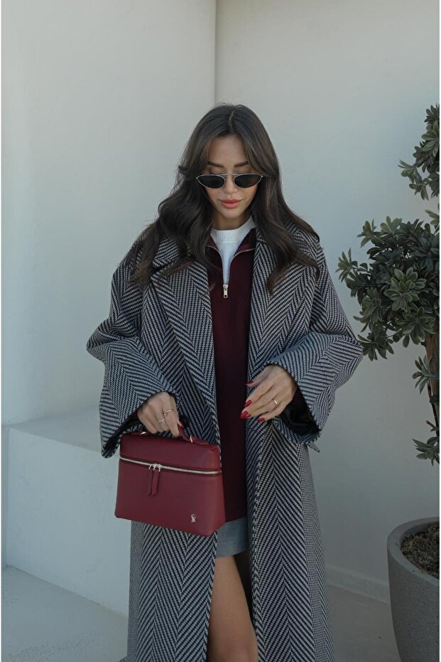 Gray Black Herringbone Pattern Coat - 8
