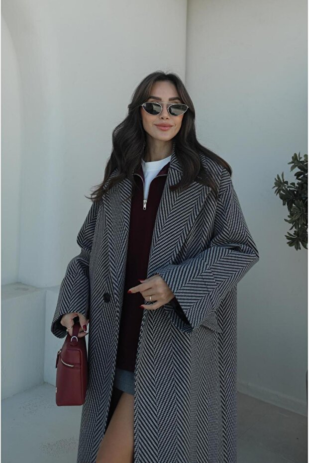 Gray Black Herringbone Pattern Coat - 2