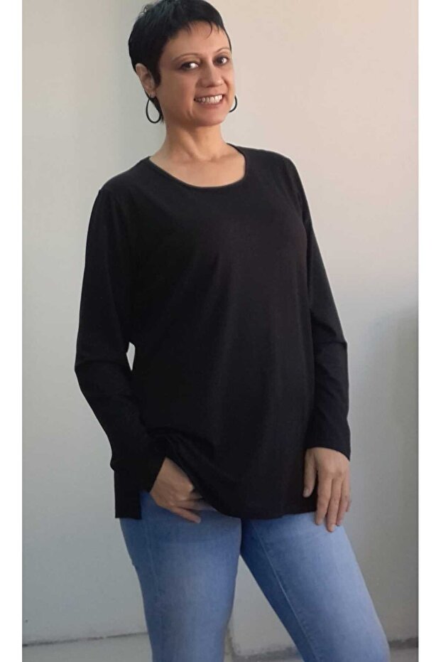 Black Round Neck Long Sleeve Combed Cotton Viscose T-Shirt
