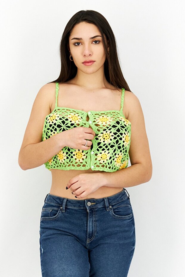 Women U-Neckline Sleeveless Crochet Top, Lime