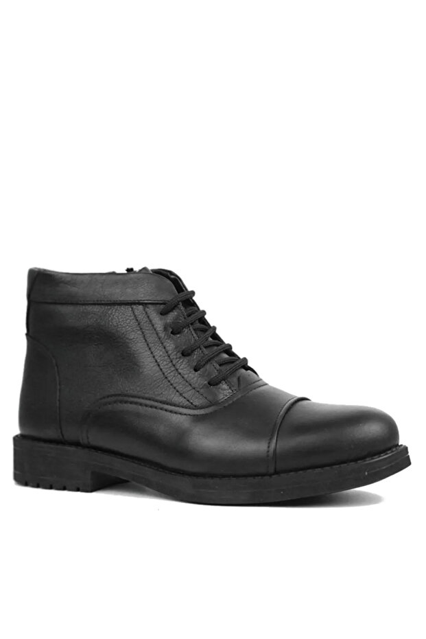 Men's Black Genuine Leather Zippered Lace-Up Fur Lined Anti-Slip Sole Classic Daily Boots 2235