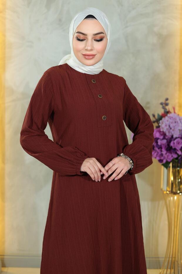 Buttoned Hijab Set Brown 10358 - 2