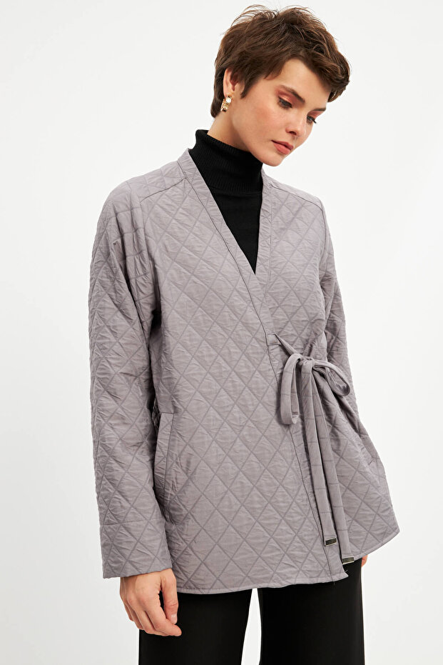 سترة مبطنة رفيعة باللون الرمادي مزدوجة الصدر - 3