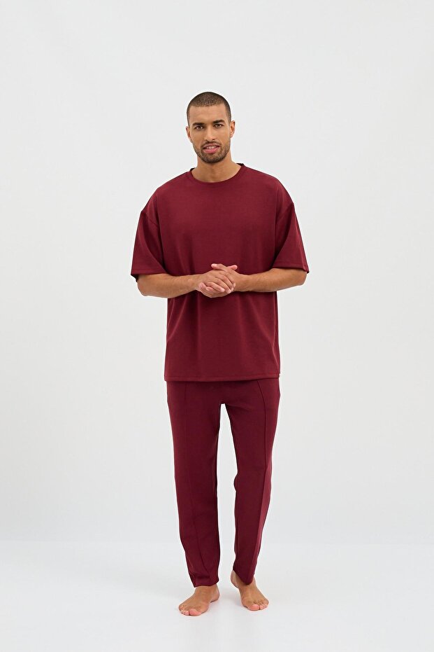 Erkek Basic Fluffy Modal Tshirt Bordo - 2