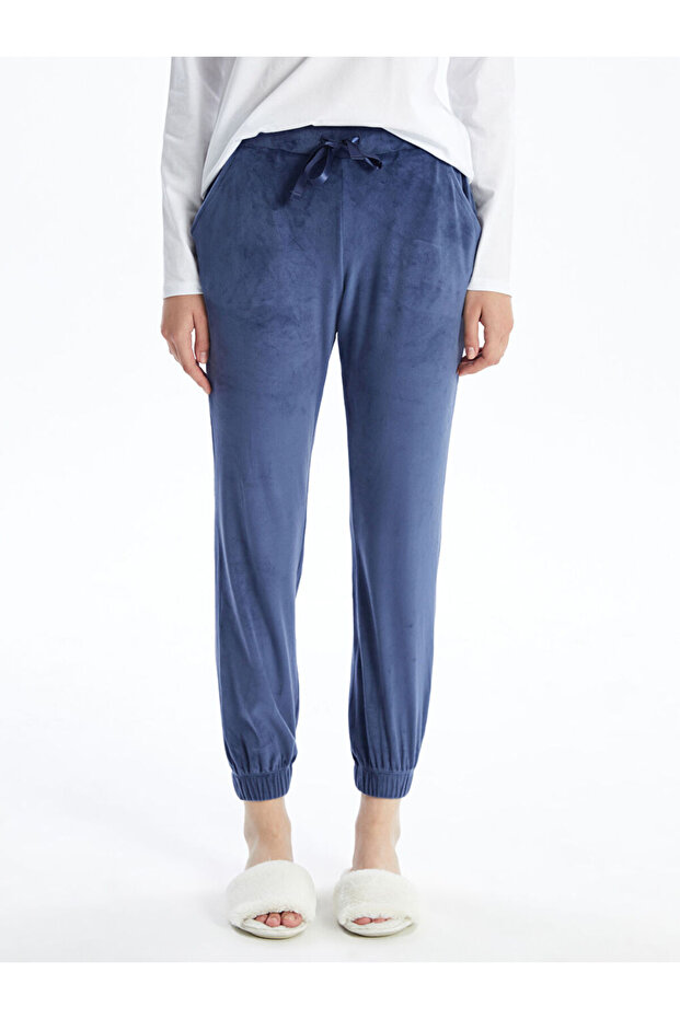 Beli Lastikli Düz Kadife Kadın Jogger Pijama Alt - 4
