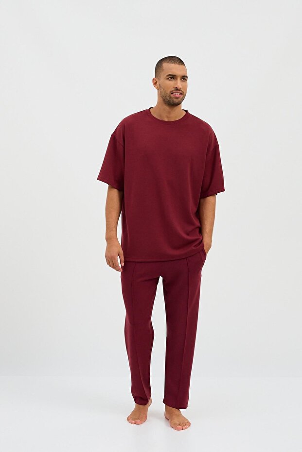 Erkek Basic Fluffy Modal Tshirt Bordo - 1
