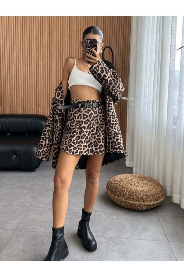 Kemerli Leopar Şort Etek - 1