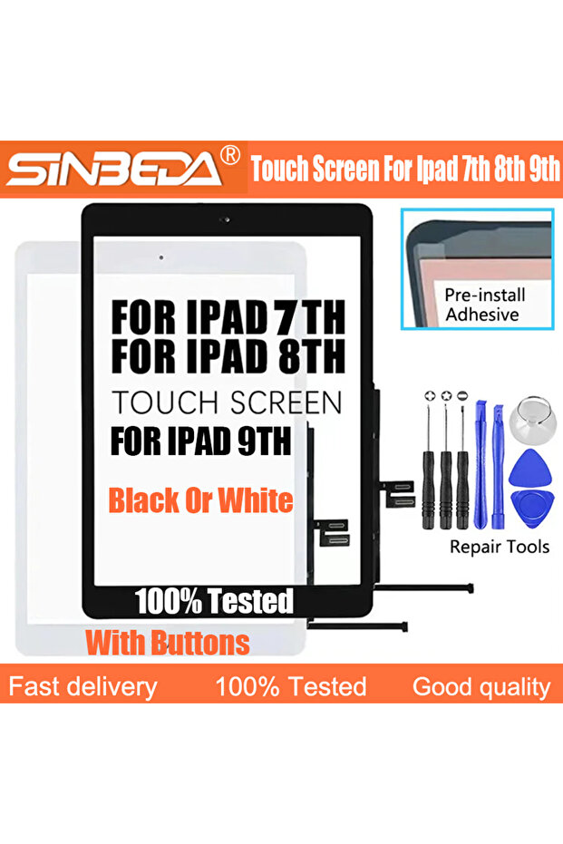 شاشة لمس سوداء من الجيل التاسع لأجهزة iPad 7 و8 و9، مزودة بمحول رقمي ولوحة لمس.