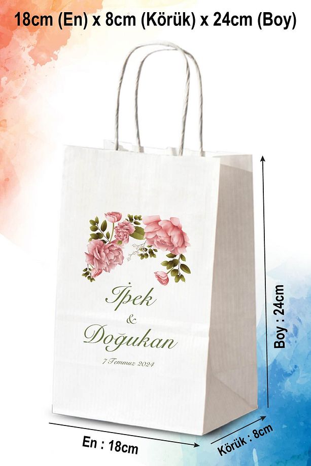 50 Adet Tek Yön Kişiye Özel Isim Baskılı Hediyelik Kağıt Çanta/poşet 18x8x24 Cm (BT04-50) - 1