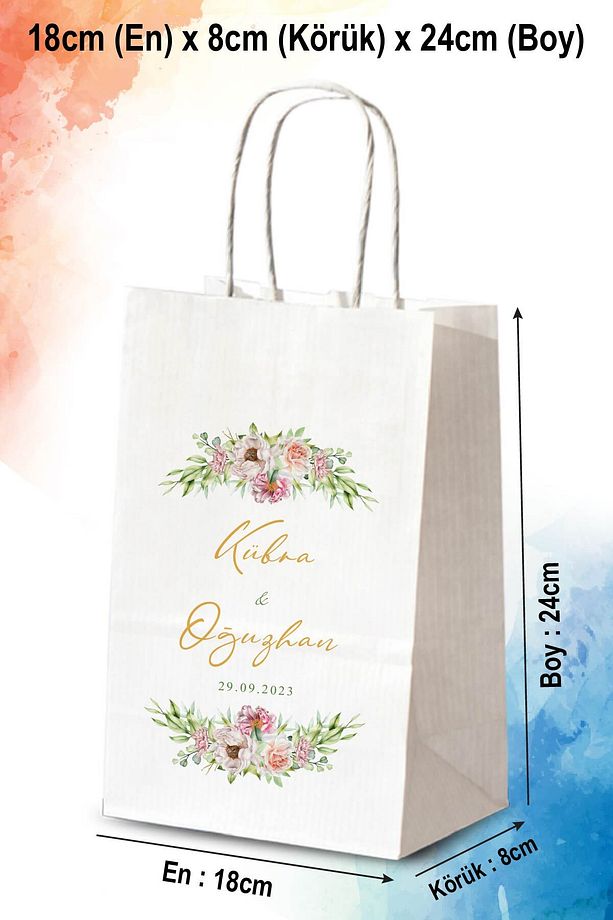 50 Adet Tek Yön Kişiye Özel Isim Baskılı Hediyelik Kağıt Çanta/poşet 18x8x24 Cm (BT05-50) - 1