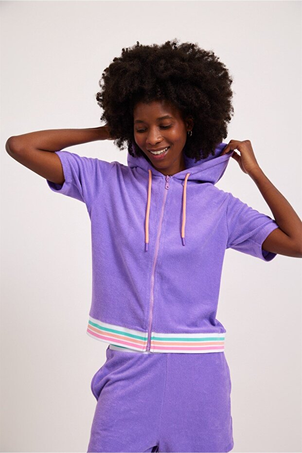 Purple Women's Sweatshirt - Hooded, Zippered, and Short Sleeve Towel