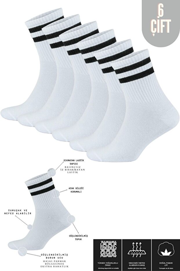 Men's Plain Striped (6 Pairs) Quarter Socket Tennis Model Cotton Anti-Sweat Socks