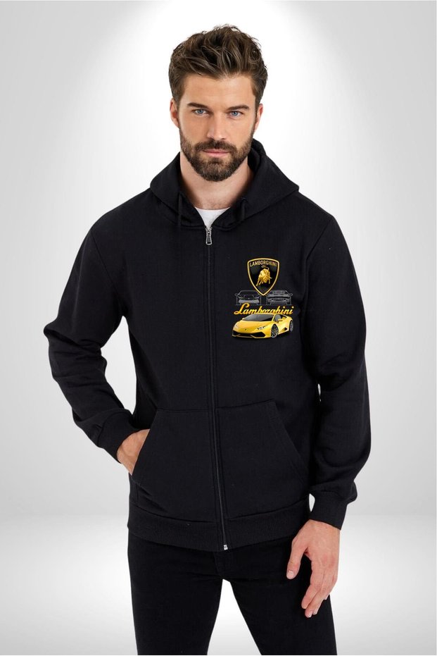 Lamborghini Printed Black Hooded Zippered Cardigan Sweatshirt - Women and Men