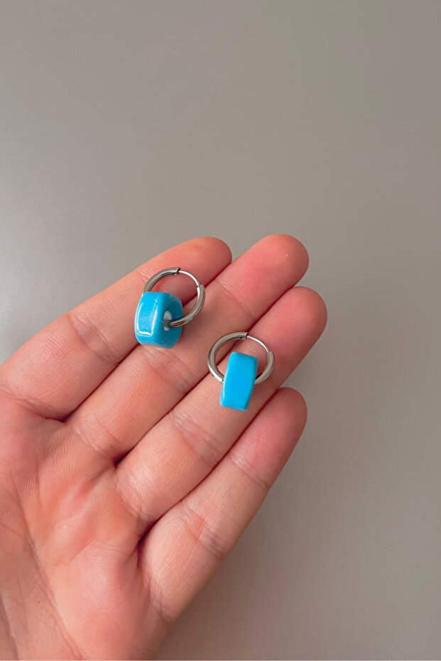 Unisex Blue Beaded Steel Hoop Earrings