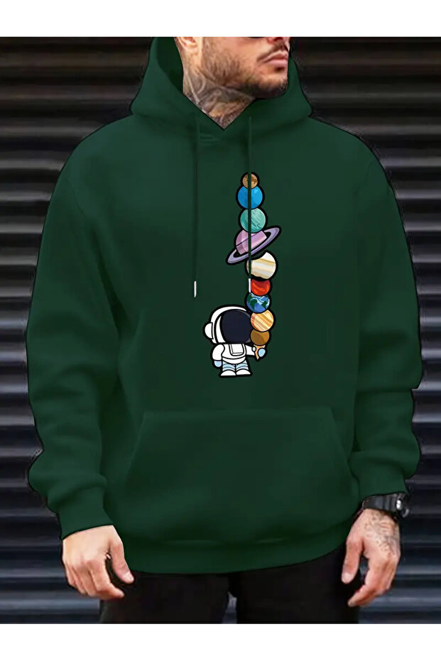 Astronaut and Planets Pattern Printed Hoodie