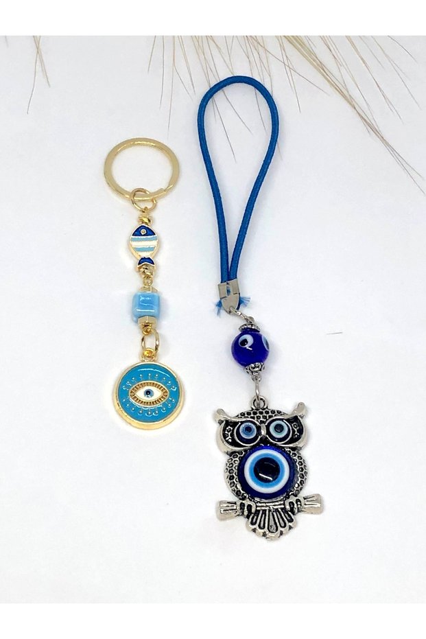 Metal Car Ornament with Owl, Car Charm and Blue Gold Keychain Set