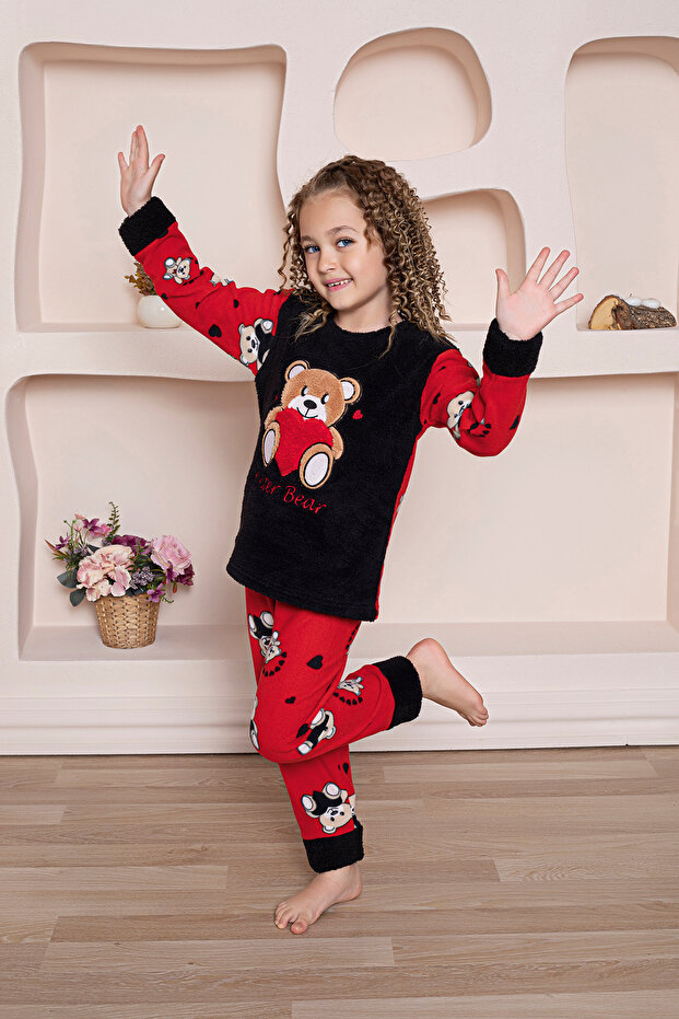 DOOR KİDS Long Sleeve Teddy Bear Red Color Girl's Fleece Pajama Set