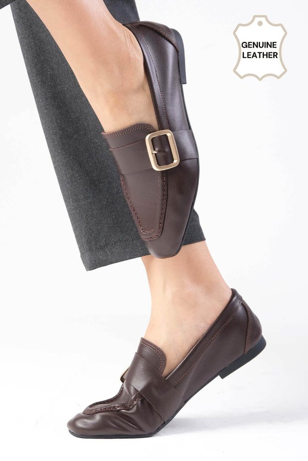 Martina Genuine Leather Brown Blunt Toe Women's Loafer Shoes