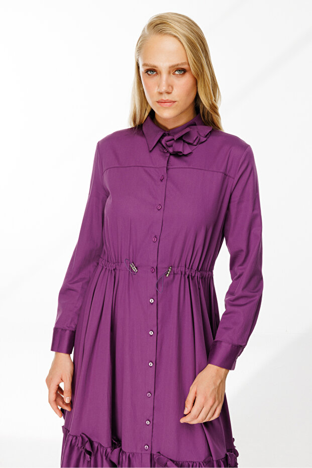 Lazer Çiçekli Gömlek Elbise MOR - 2