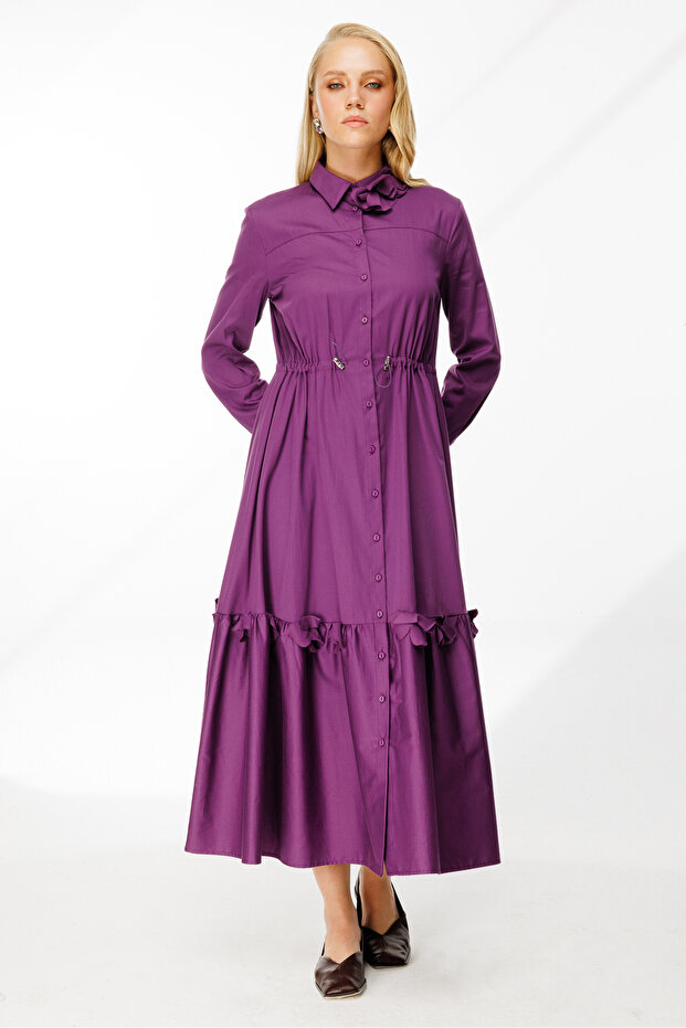 Lazer Çiçekli Gömlek Elbise MOR - 4