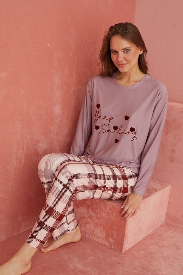 Lila Ekose Desenli Uzun Kollu Örme  Pijama Takımı - 1