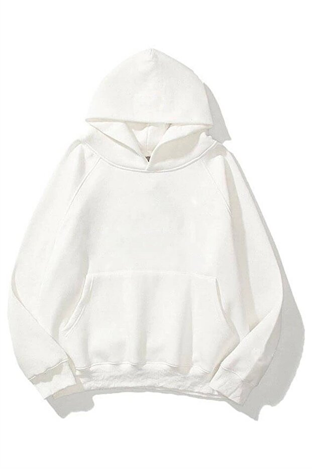 Unisex Beyaz Basic Sweatshirt Hoodie - 1