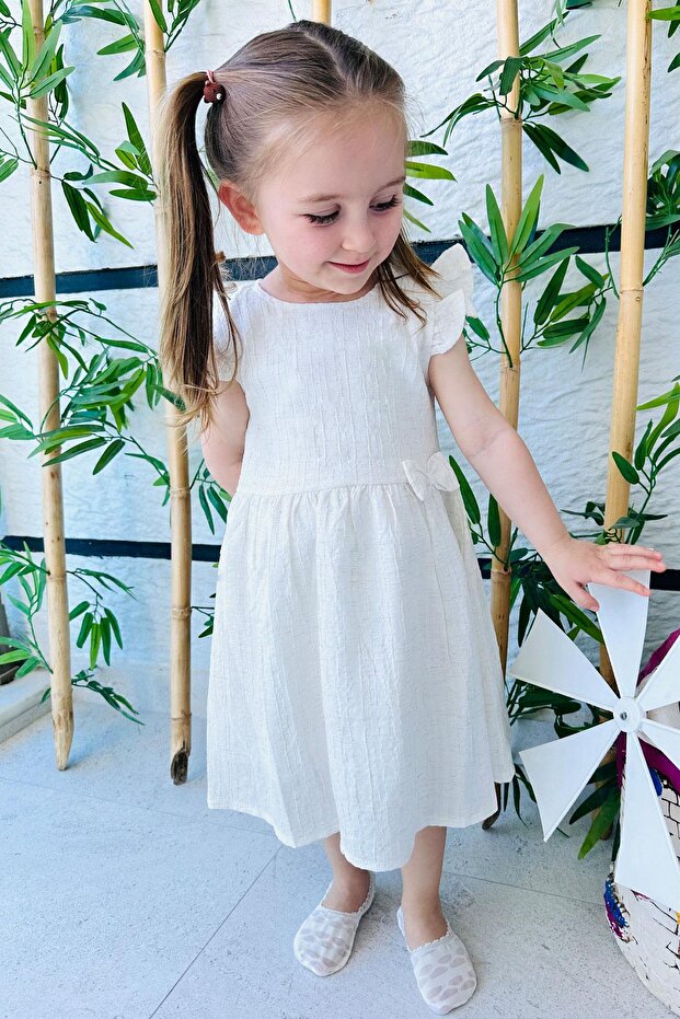 Girl's Dress with Bow and Ruffled Sleeves Age 3-7, Ecru