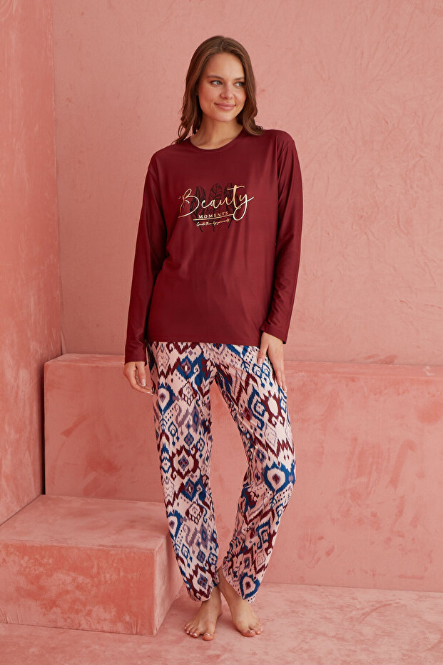 Bordo Geometrik Desenli Uzun Kollu Örme Pijama Takımı - 2