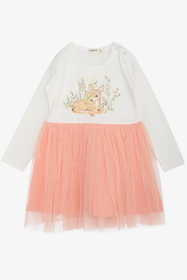 Girl's Long Sleeve Dress Floral Pattern Cute Gazelle Printed 1.5-5 Years, Ecru