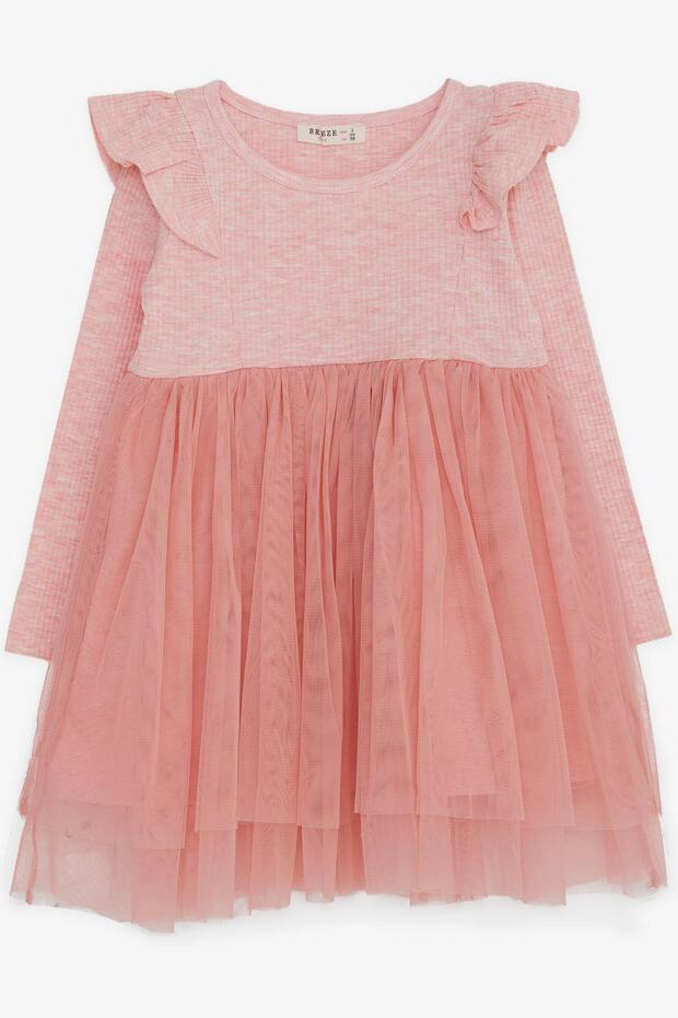 Girl's Long Sleeve Dress Ruffle Shoulder 3-8 Years, Salmon Melange