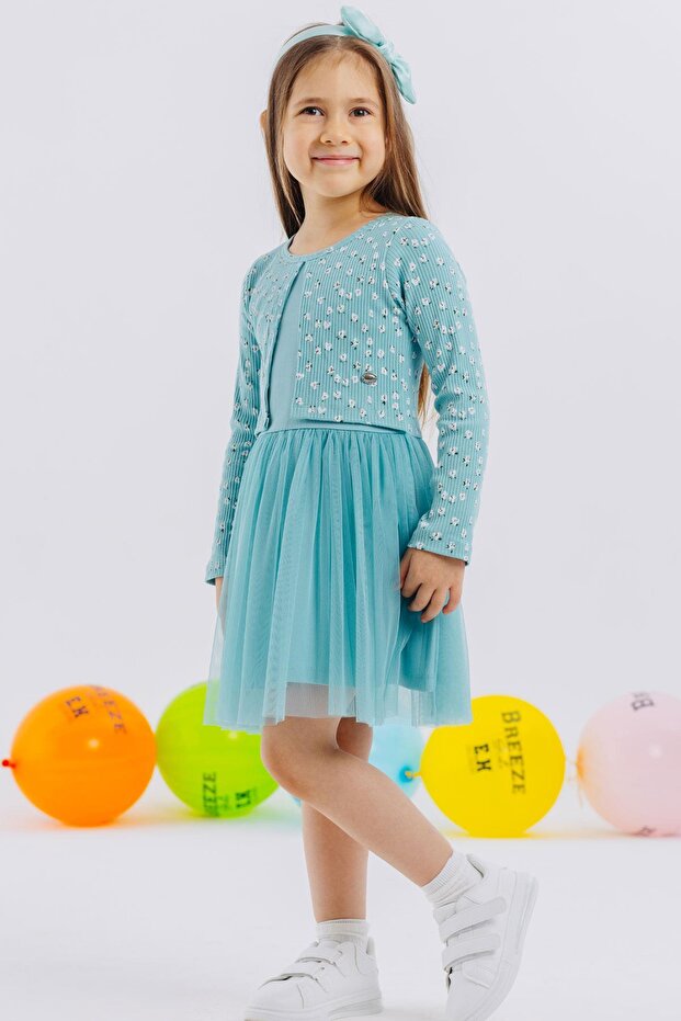 Girl's Long Sleeve Dress Tulle Flower Patterned 3-8 Years, Water Green