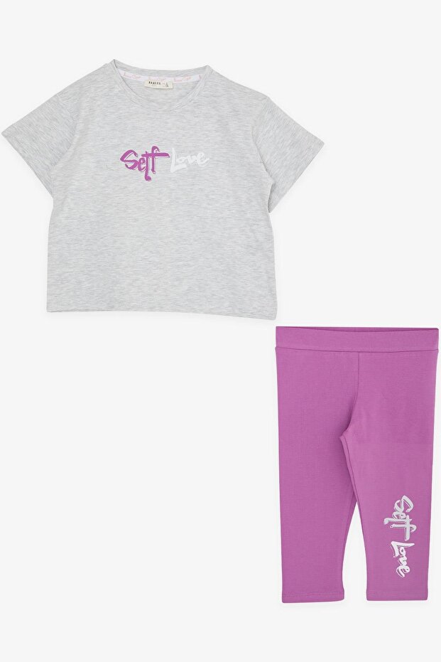 Girl's Capri Tights Crop Suit Glittery Teddy Bear Printed 6-10 Years, Light Gray Melange