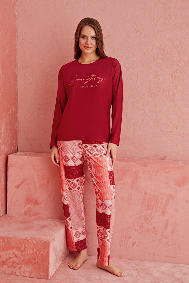 Bordo Şal Desenli Uzun Kollu Örme Pijama Takımı - 2
