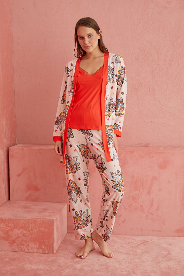 Turuncu Baskılı Şal Desenli Exclusive Örme Sabahlıklı Pijama Takımı - 2