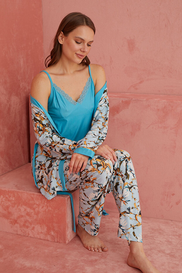 Turkuaz Yaprak Desenli Exclusive Örme Sabahlıklı Pijama Takımı - 1