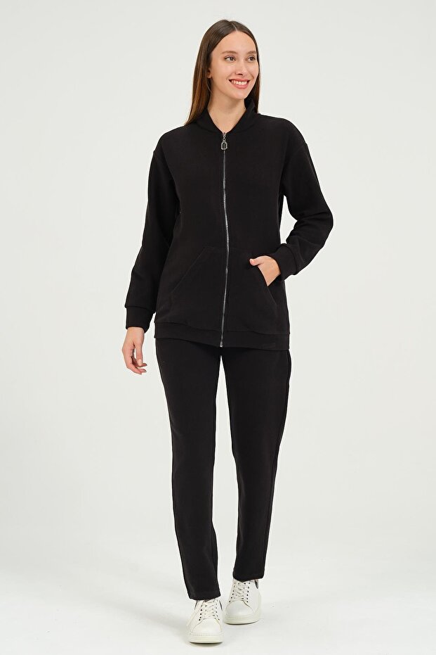 Maternity Front Zipper Pocket Mom Fit Soft Textured Thessaloniki Tracksuit Set Black