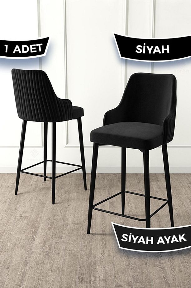 Enox Serisi, 1 Adet Siyah Sandalye Mutfak Bar Sandalyesi, Babyface Kumaş, Siyah Metal Ayak , - 3