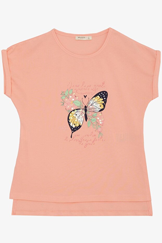 Girl's T-Shirt Butterfly Printed 10-16 Years, Salmon