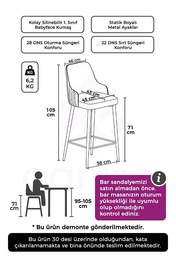 Enox Serisi, 1 Adet Siyah Sandalye Mutfak Bar Sandalyesi, Babyface Kumaş, Siyah Metal Ayak , - 4