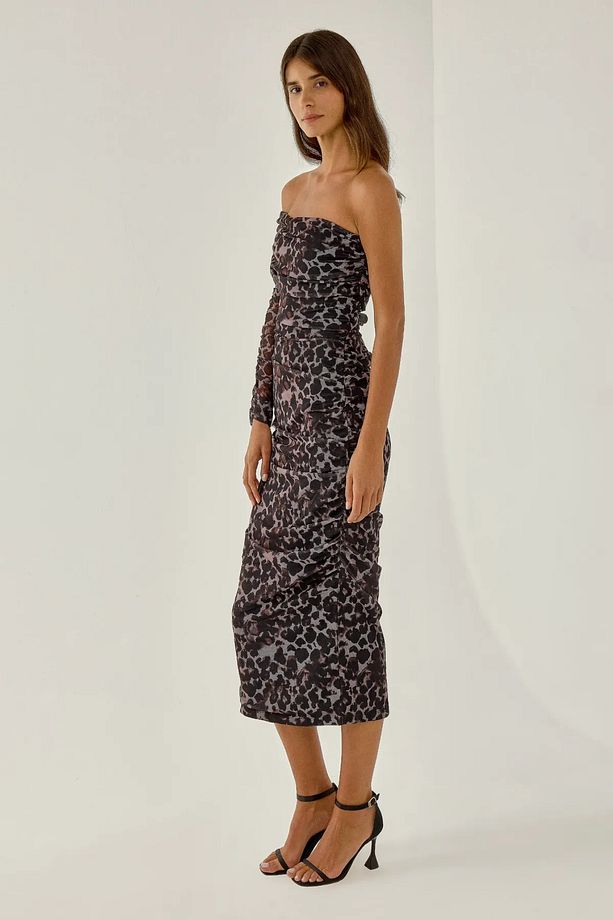 Leopar Desenli Tek Kollu Maxi Elbise - 4