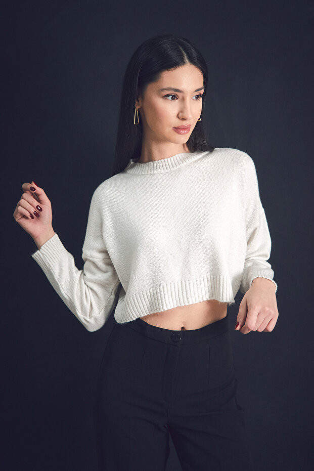 Basic Bisiklet Yaka Crop Triko Kazak - 1